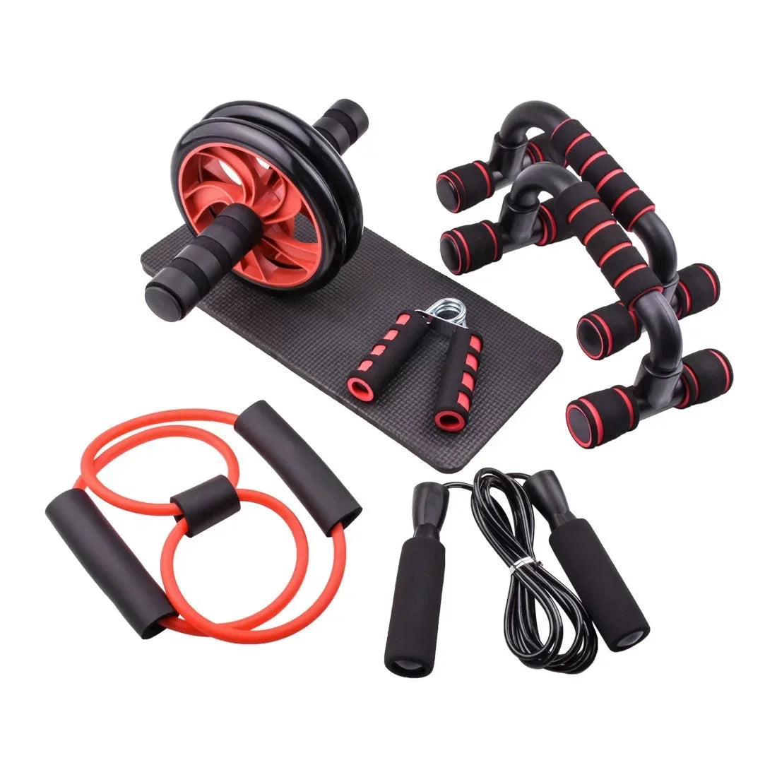 Home Gym 5-in-1 Ab Roller Wheels Kit Includes Abdominal Exercise Workout Equipment Resistance Bands Knee Mat Jump Rope Push