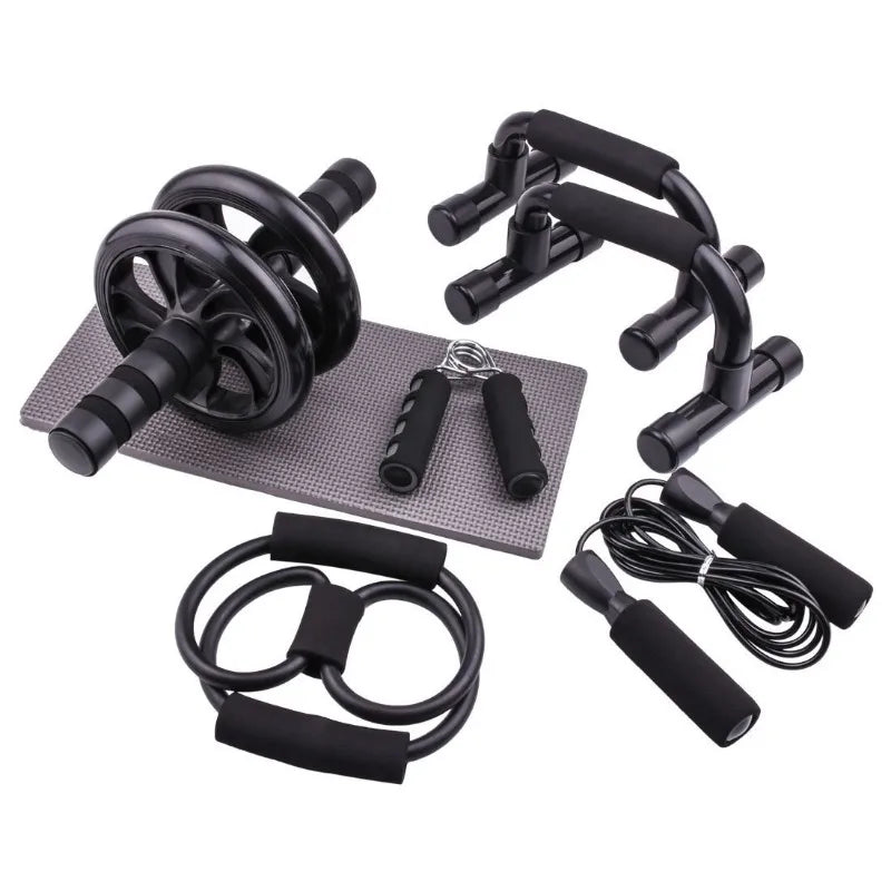 Home Gym 5-in-1 Ab Roller Wheels Kit Includes Abdominal Exercise Workout Equipment Resistance Bands Knee Mat Jump Rope Push